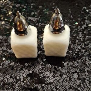 Unk  Elegant Vintage Milk Glass  and Silver Salt and Pepper Shakers